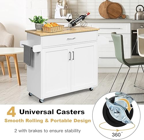 Miniatura 5 de PETSITE Carrito de isla de cocina con armario de almacenamiento sobre ruedas toallero y cajón para especias