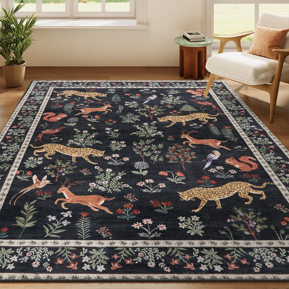 8x10 Green Animal Washable Area Rug for Living Room, Dining Room, Bedroom, Large Carpets, Non Slip & Non-Shedding Low Pile Vintage Print Rug for Home Office Decor