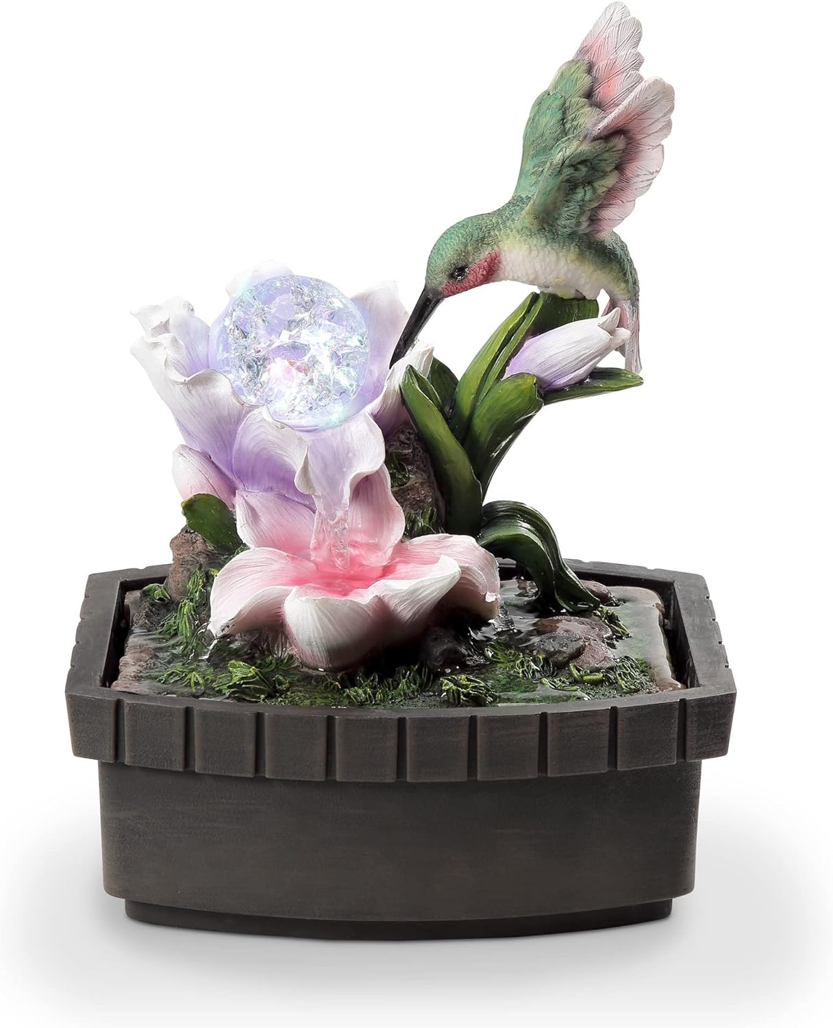 HomeRoots 11" Pink Green and Brown Polyresin Hummingbird Tabletop Fountain