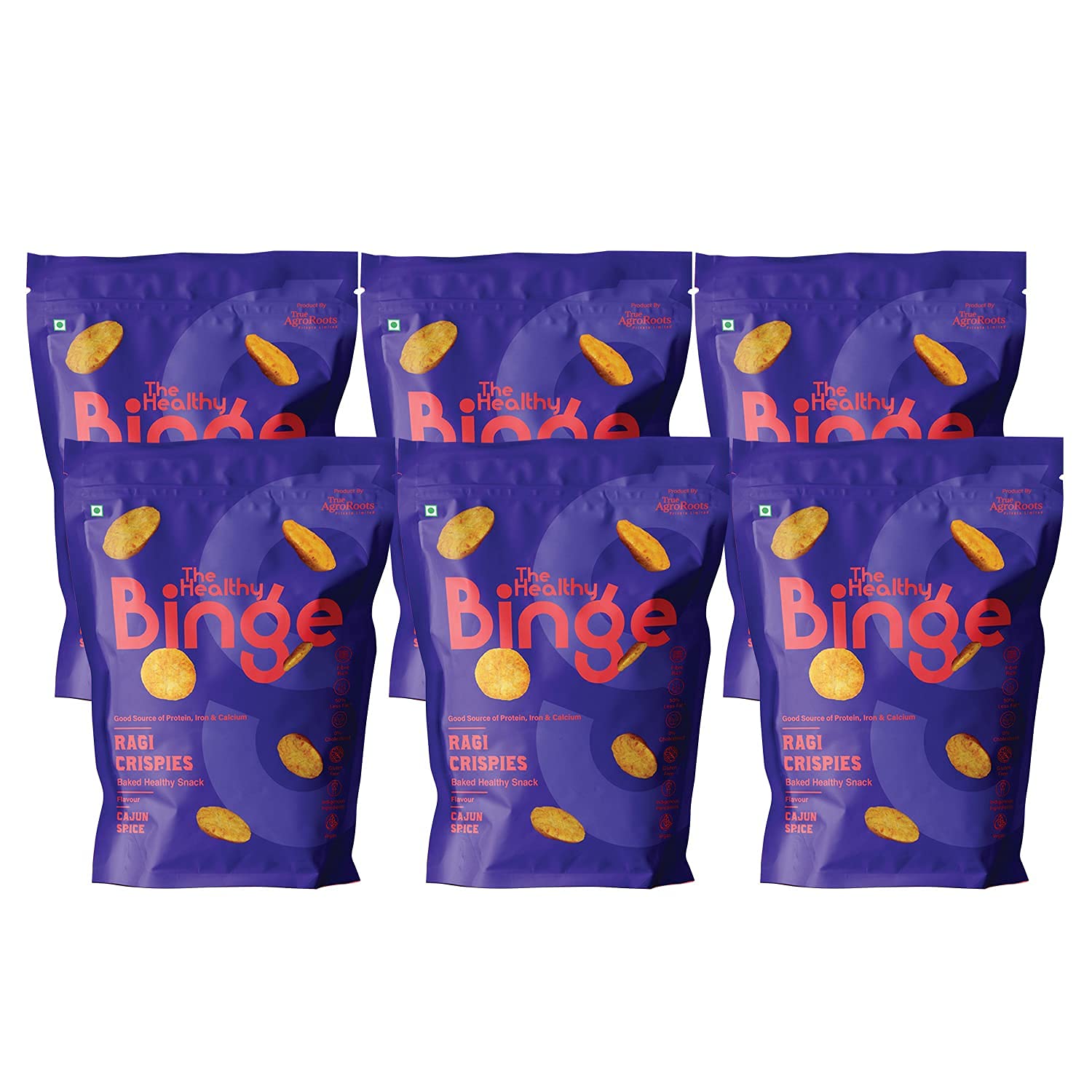 The Healthy Binge| Baked Snacks| Ragi Crispies | All Natural | No Added sugars| 0% Cholesterol | Cajun Spice Flavour | Pack of 6 (40 gm x 6)