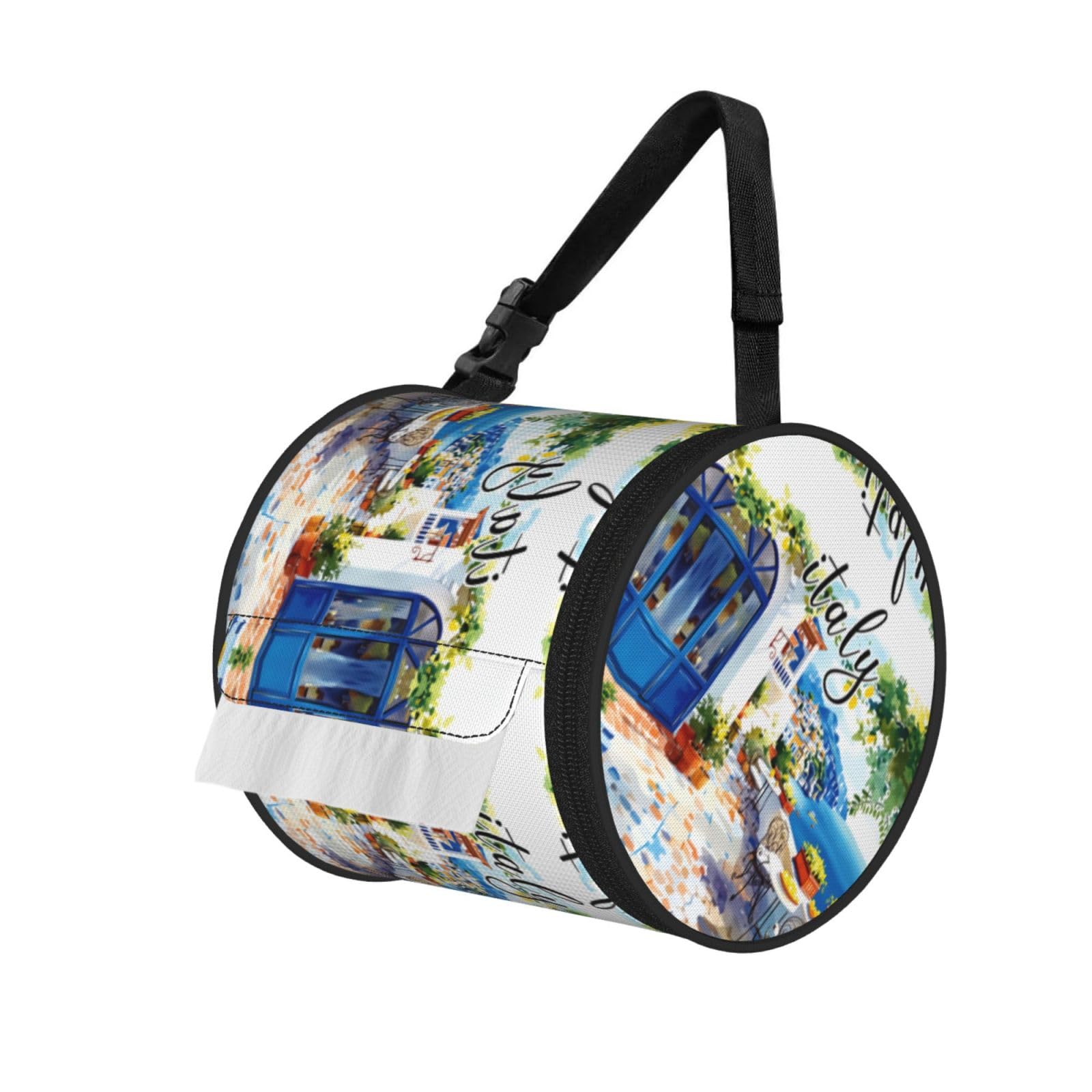 Italian Scenery Print Round Tissue Dispenser Bag With Carry Strap, Portable Roll Holder For Car Travel Home