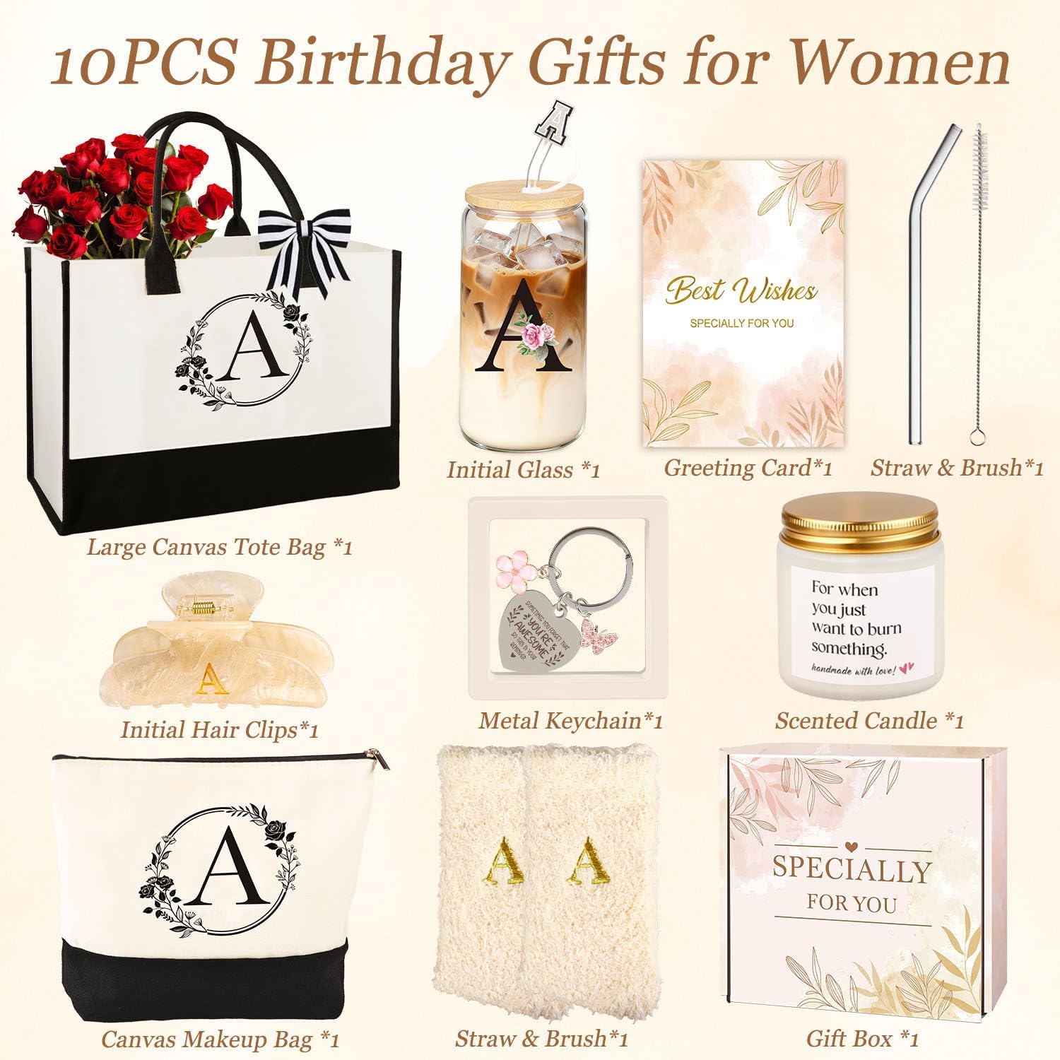 Birthday Gifts for Women, 10pcs Monogrammed Gifts for Women Initial Canvas Tote Bag, Makeup Bag, Glass Cup, Hair Clip, Candle Basket Birthday Personalized Gift for Her Woman Mom Wife Friend Teacher, A - Image 7