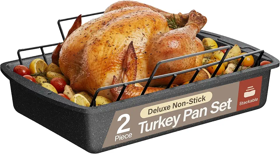 BAKKEN Nonstick Turkey Roasting Pan with Rack – Large Heavy-Duty Carbon Steel Roaster with Wide Handles, Ideal for Roasting, Baking &amp; Grilling, Oven Safe up to 450°F, Gray Marble Finish 17 x 13-In