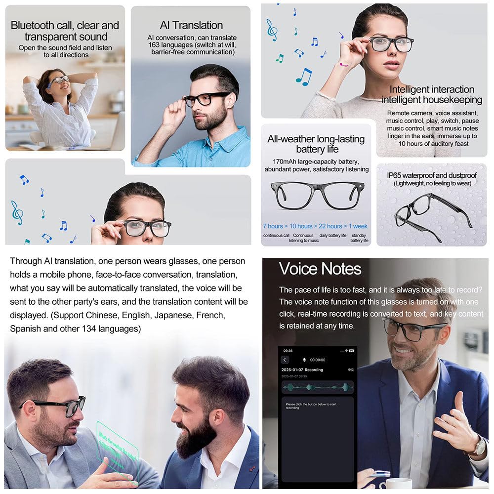 Occhiali intelligenti con Bluetooth, 160+ lingue, blocco della luce blu, assistente AI, auricolari aperti, occhiali audio