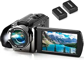 Câmera de vídeo Kimire digital, gravadora, Full HD 1080P, 15 FPS, 24 MP, 3,0 polegadas, rotação de 270 graus, LCD, zoom digital 16X, 2 baterias (Preto)