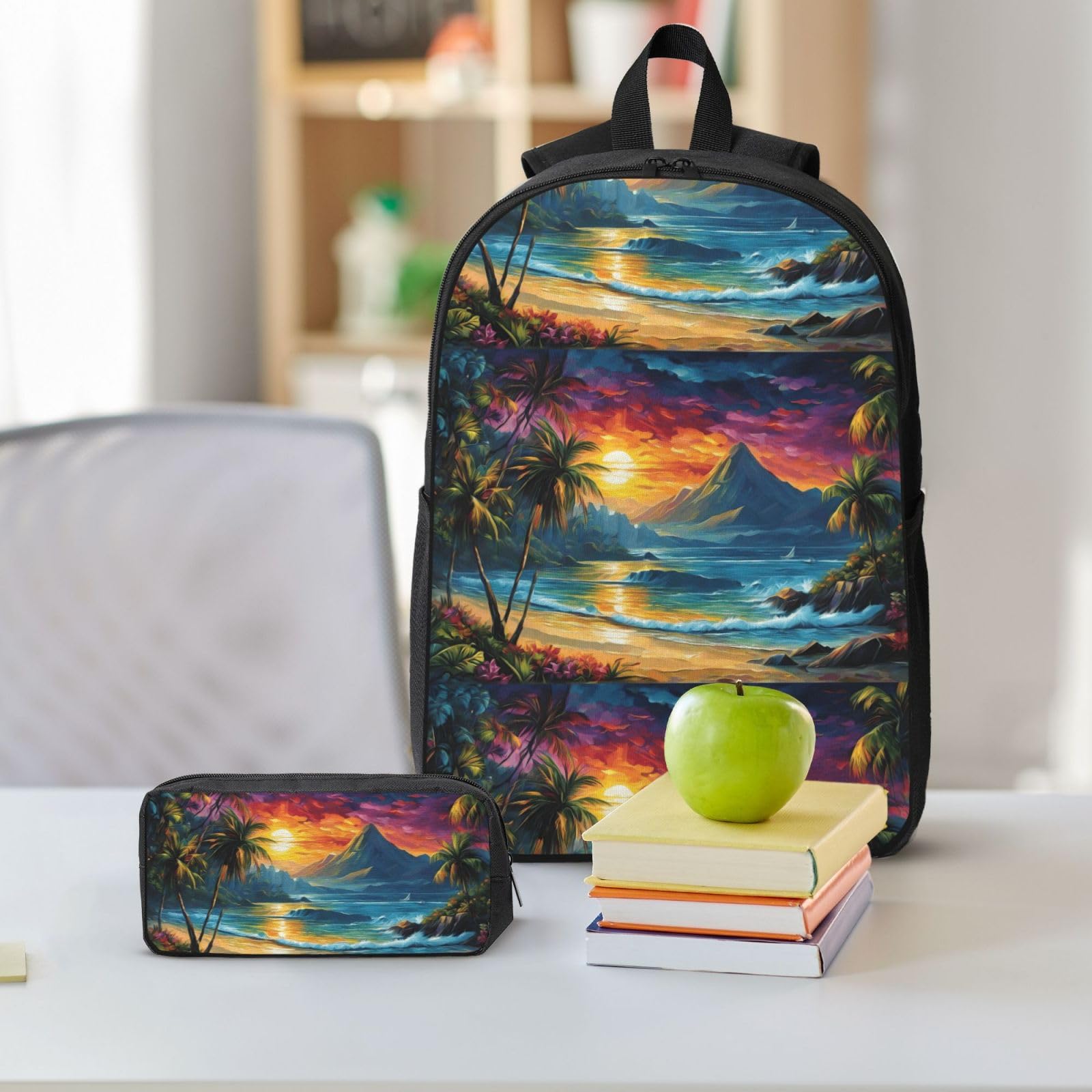 Set zaino con stampa palma di cocco con borsa per il pranzo e astuccio | Confezione combinata minimalista per adolescenti, borsa termica per cancelleria, uso quotidiano all'aperto