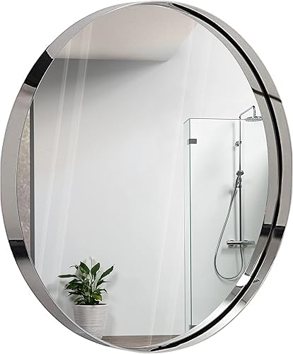 Hamilton Hills Espejo redondo grande plateado de 24 pulgadas con marco de metal pulido, diseño clásico contemporáneo de juego profundo, espejo disponible en Yaxa Peru