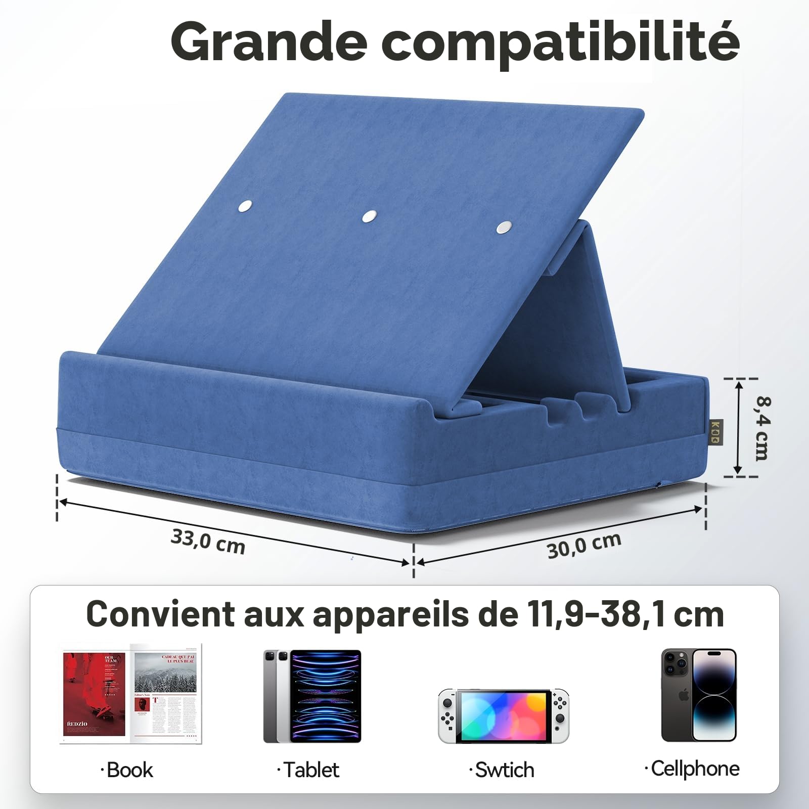 KDD Support Livre avec Rangement, Coussin Porte de Livres à Angles Multiples, Coussin Tablette pour Genoux, Lit et Canapé, Support Tablette Pliable avec Organisation pour ipad, Lecteur, Bleu
