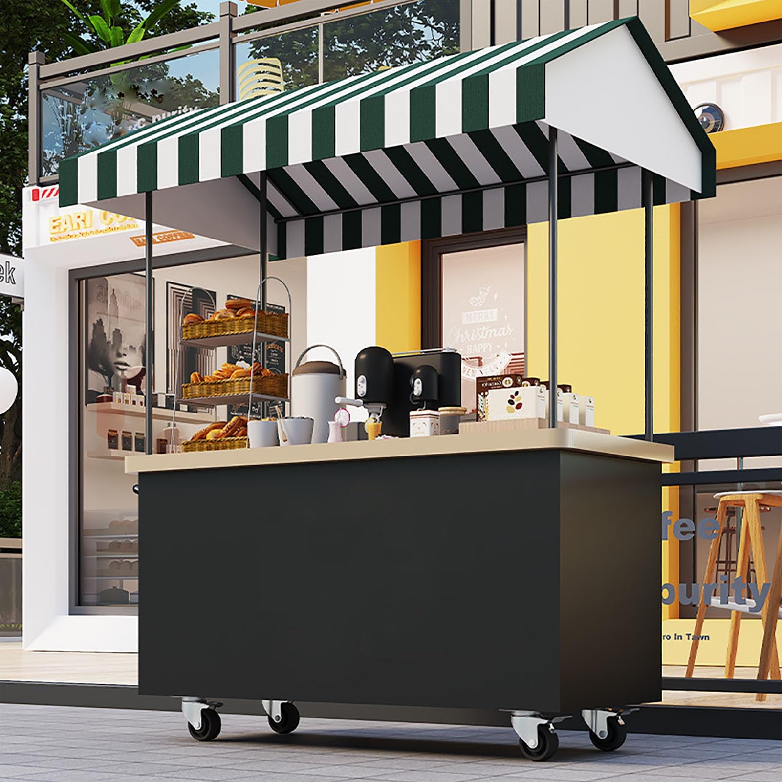 Móvil de Venta Ambulante de Comida Puesto de Comida con Toldo con Ruedas Freno para Tiendas Minoristas en Calles Centros Comerciales y Mercados.(Green,130 * 60 * 200)