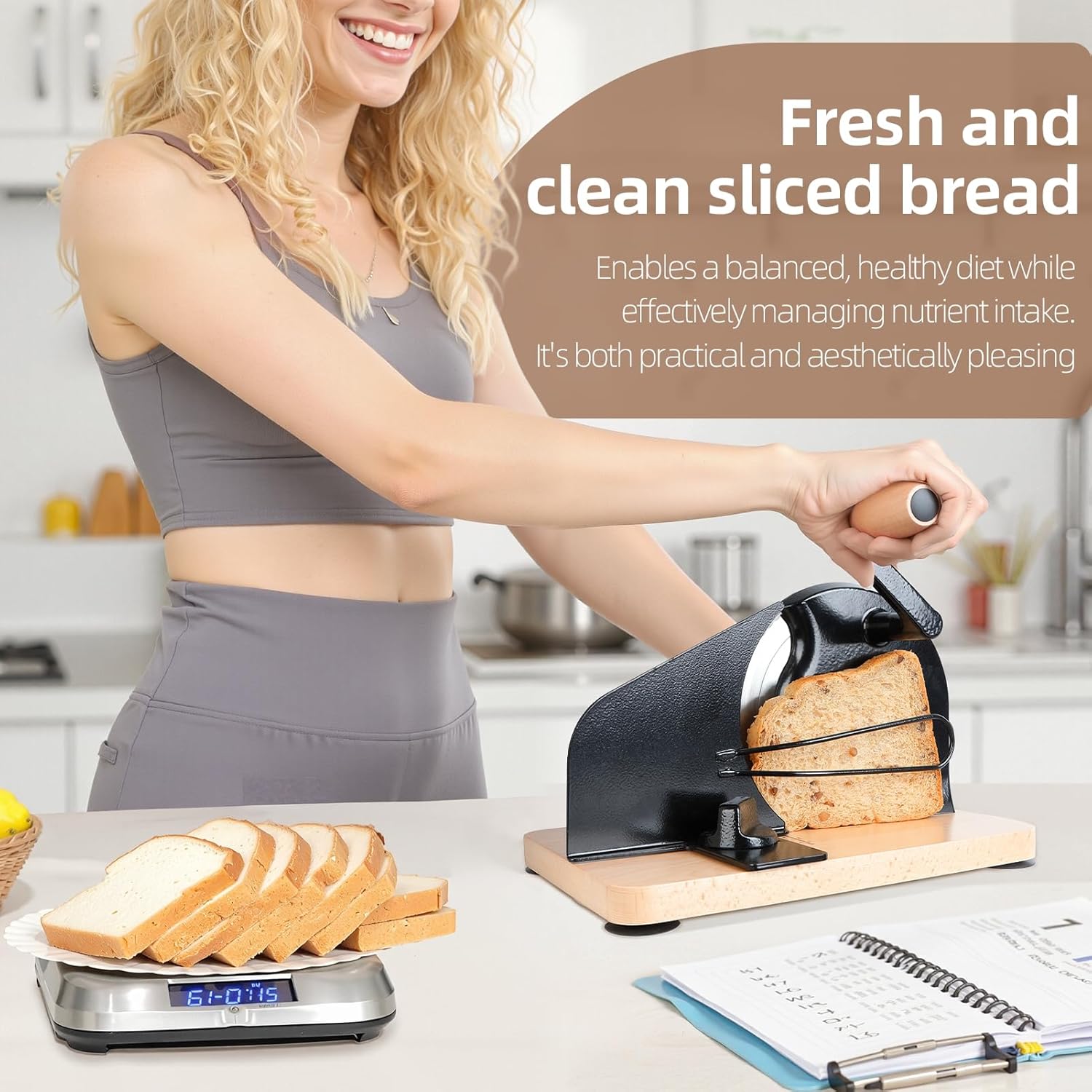 Upgrade Manual Bread Slicer, Homemade Sourdough Bread Cutter with Scale Line and Steel Fence, Sharp Blade, Adjustable Width, Use for Homemade & Commercial Black