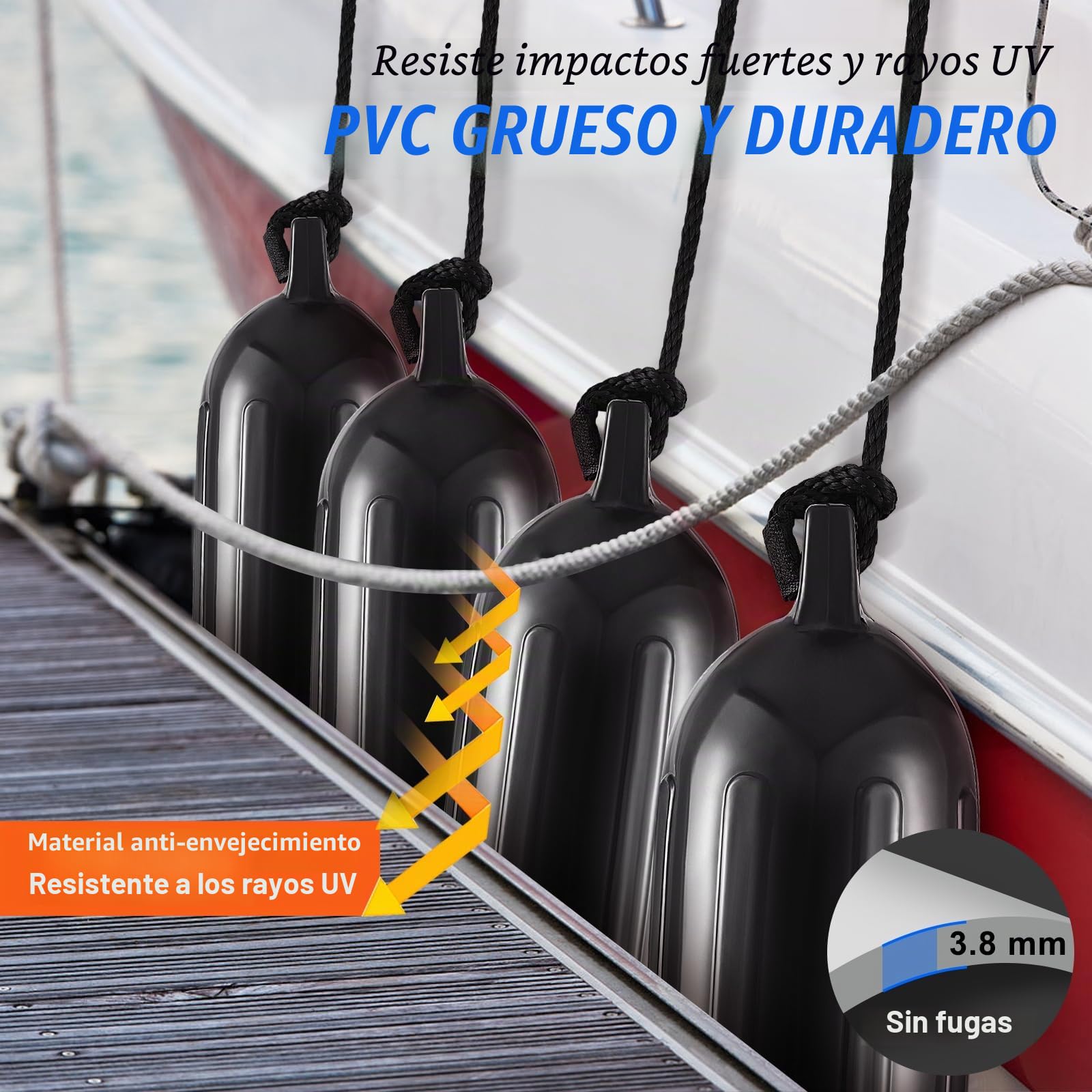 VEVOR 4 PCS Guardabarros Inflables de PVC para barcos 14x50,8 cm con Bomba Agujas de Aire, Cuerdas y Bolsa de Almacenamiento de Parachoques para Proteger Canoas, Pontones, Muelles para Barcos de Pesca
