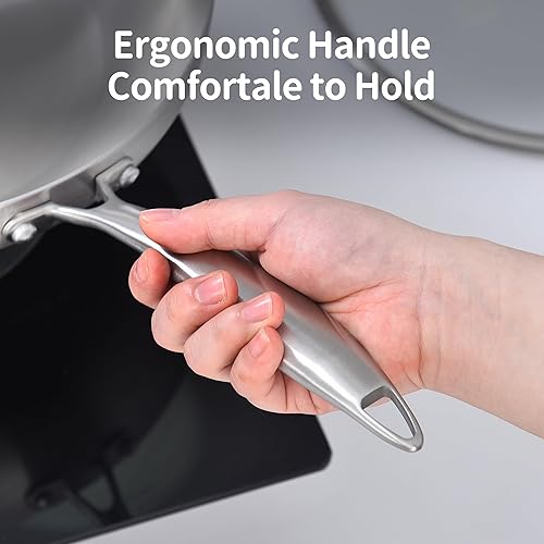 Miniatura 7 de LOLYKITCH Juego de sartenes de acero inoxidable de 8 a 10 pulgadas con tapa, sartenes, sartén de chef de inducción, ollas y sartenes, apto para