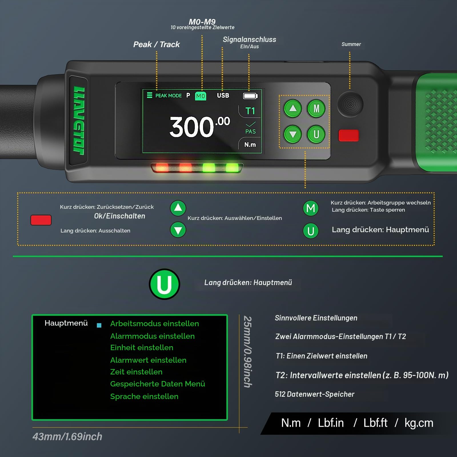 Digitaler Drehmomentschlüssel 1/2,20-400N.m, ± 1% Drehmomentschlüssel mit Summer und LED-Anzeige für Auto, Motorrad und Fahrrad