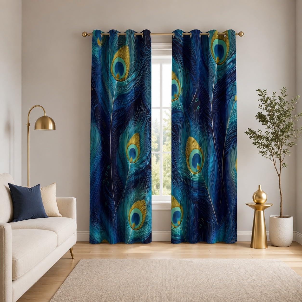 Yzqglhp Peacock Feathers Thermal Teal Feathers Blackout Eyelet Curtains 52" X 84"