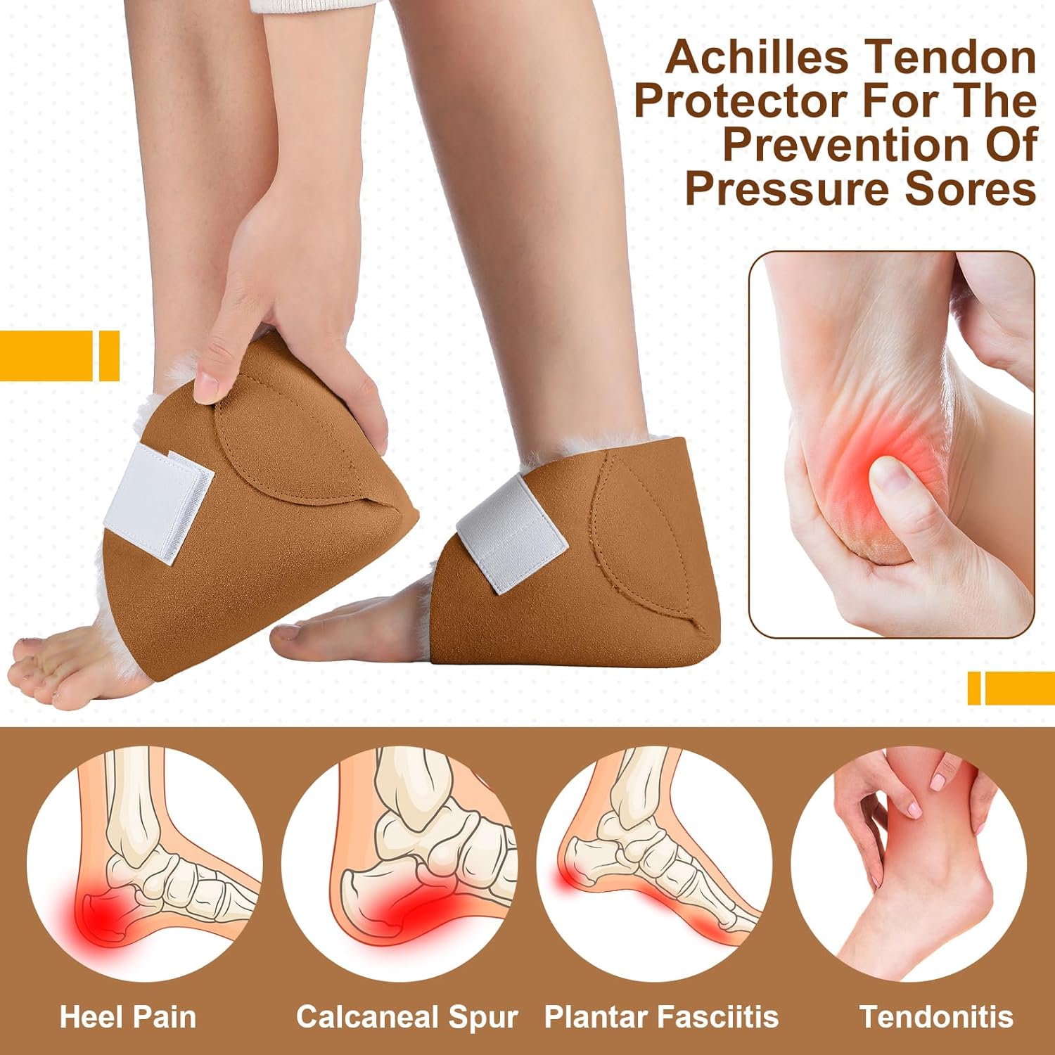 2 Pcs Heel Protectors for Pressure Sores Sheepskin Heel Pads Soft Foot Cushions Pad Protectors Adjustable Foot Pillows with Securing Strap for Bed Sore Ankle Ulcers (Brown) - Image 2