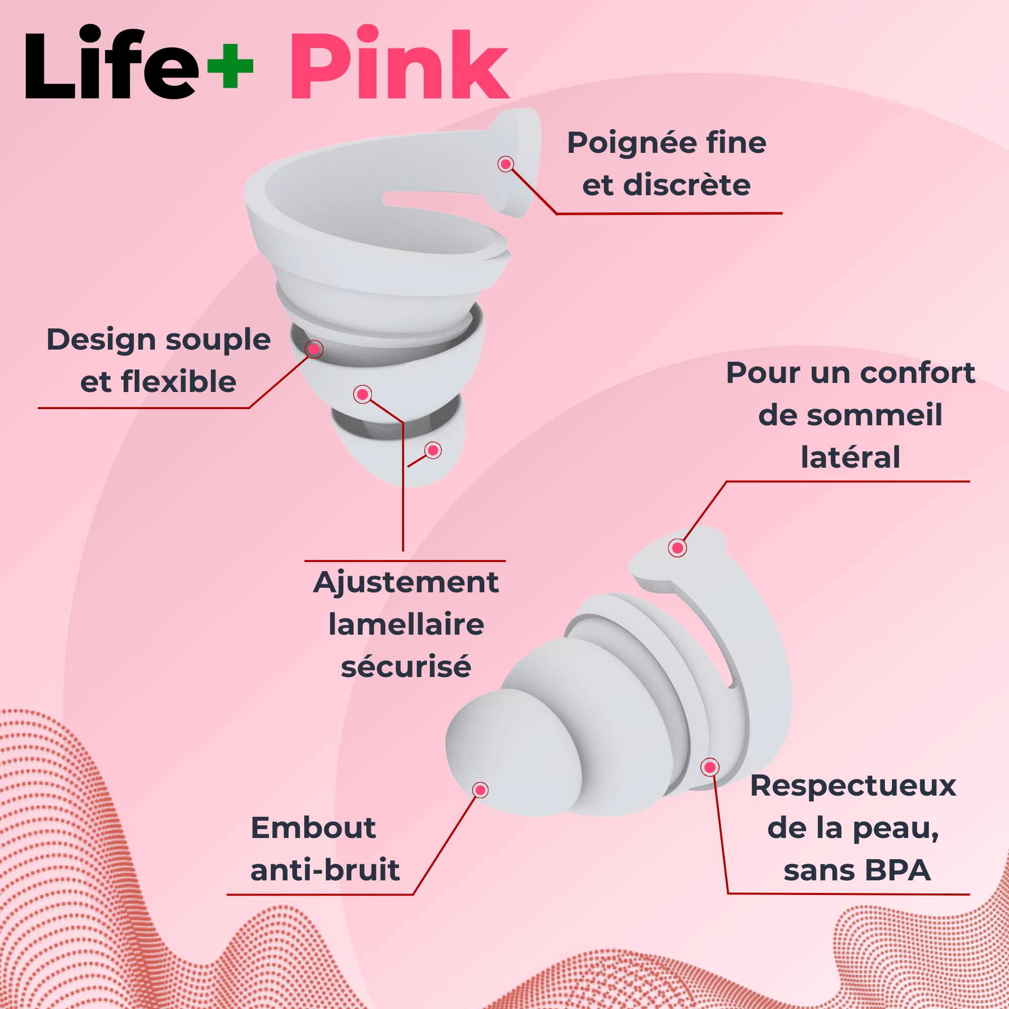 BOLLSEN Life+ Pink Bouchons d’oreilles pour dormir - Bouchons d’oreilles en silicone avec 2 tailles (S & M)-Réduction du bruit SNR 24 dB -Confortables jour et nuit - Durables et réutilisables 100x (3)