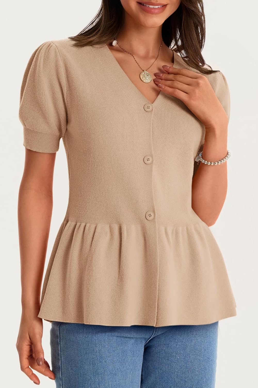 Cicy Bell Womens Short Puff Sleeve Sweater Cardigan V Neck Summer Button Down Sweaters Peplum Cute Knit Babydoll Tops - Image 6