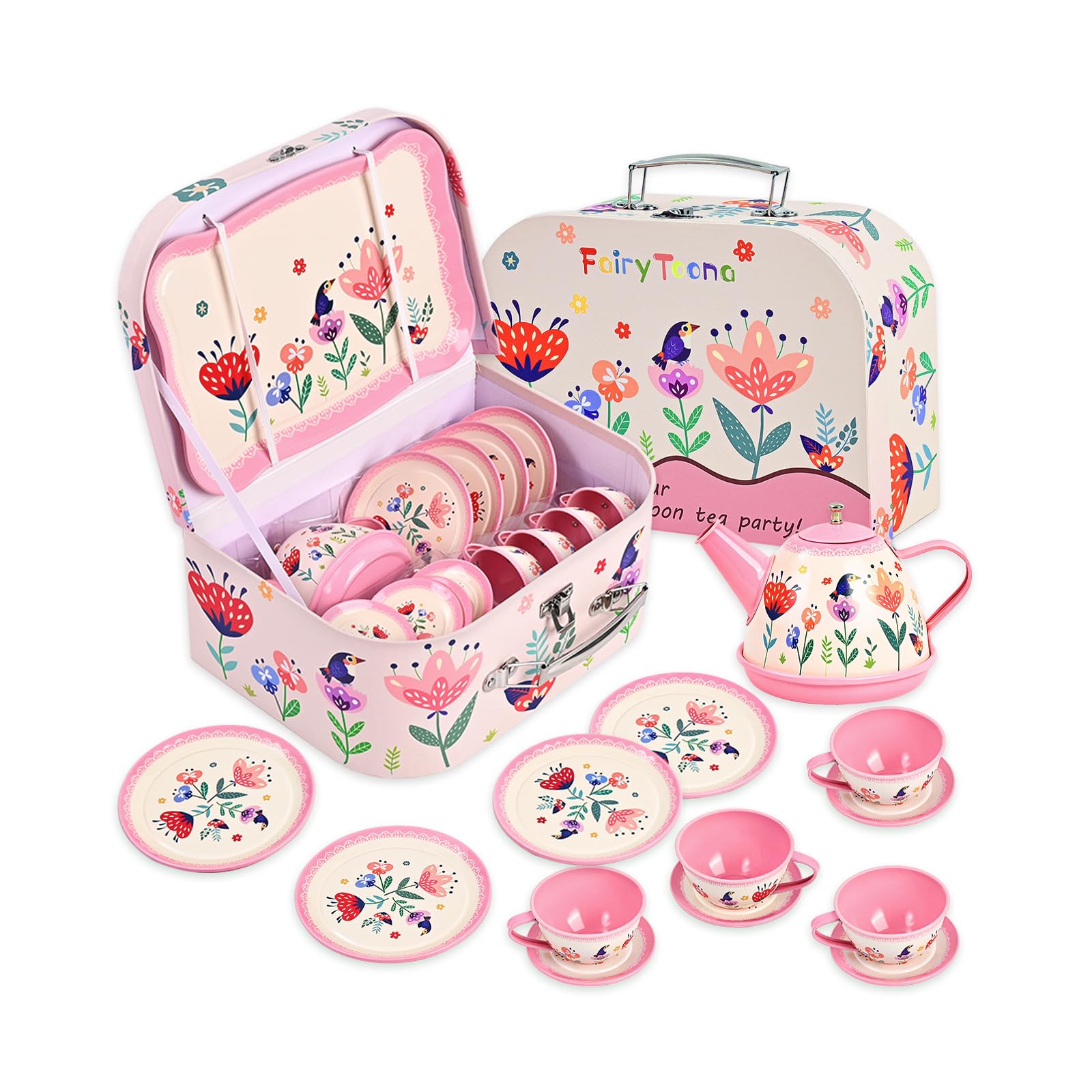 Fairy Toona Floral Tea Party Set for Little Girls Ages 3-6, 15-Piece Pretend Play Kitchen Toys with Teapot, Cups, Plates & Storage Case, Princess Gift Set (Pink)