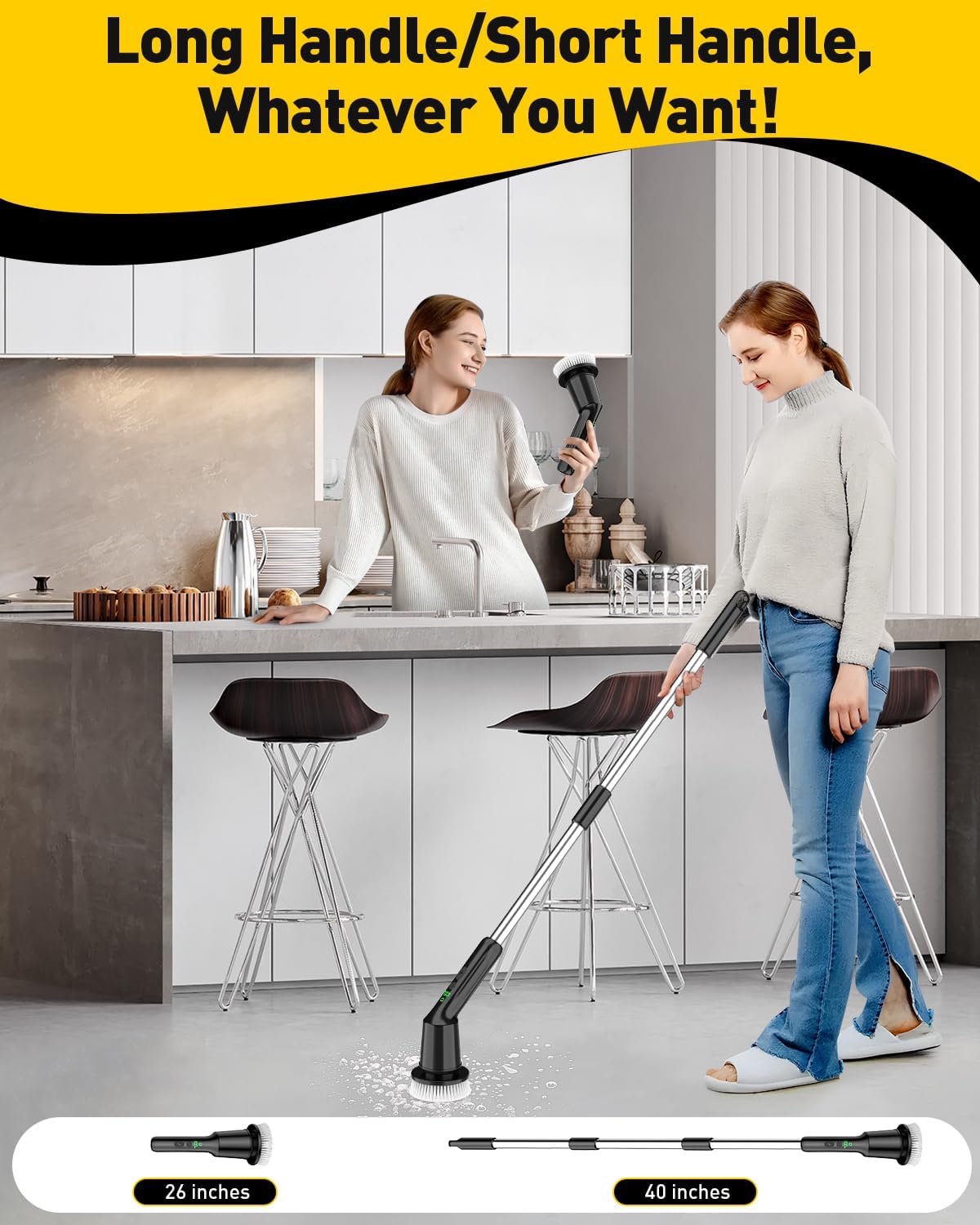 Electric Spin Scrubber for Cleaning Bathroom, Shower Scrubber with Long Handle, Cordless Cleaning Brush with IPX7 Waterproof & 2 Speed, 3 Brush Heads, Black