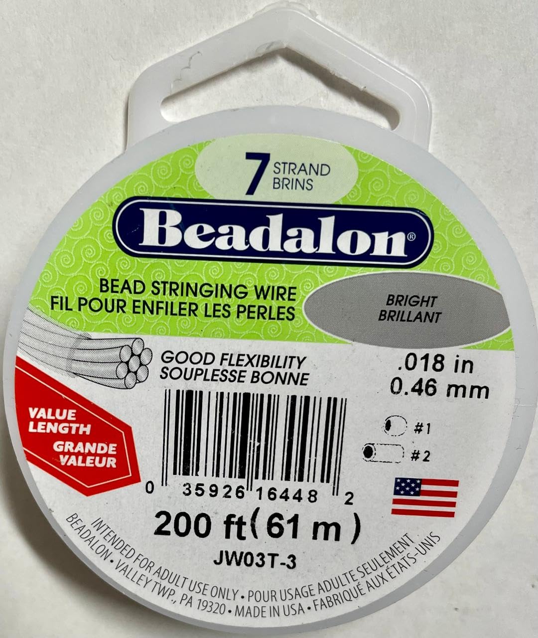 7 Strand Bead Stringing Wire Bright .018 in / 0.46 mm, 200 ft / 61 m