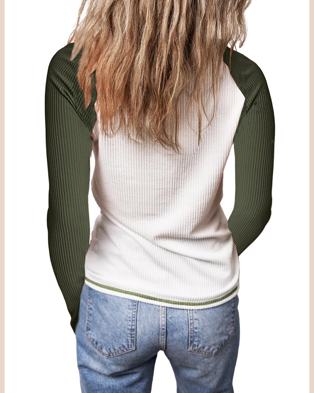 KINLONSAIR Women Raglan Long Sleeve Crew Neck Tunic Regular Fit T-Shirts Color Block Fall Button Down Henley Shirts Army Green - Image 3