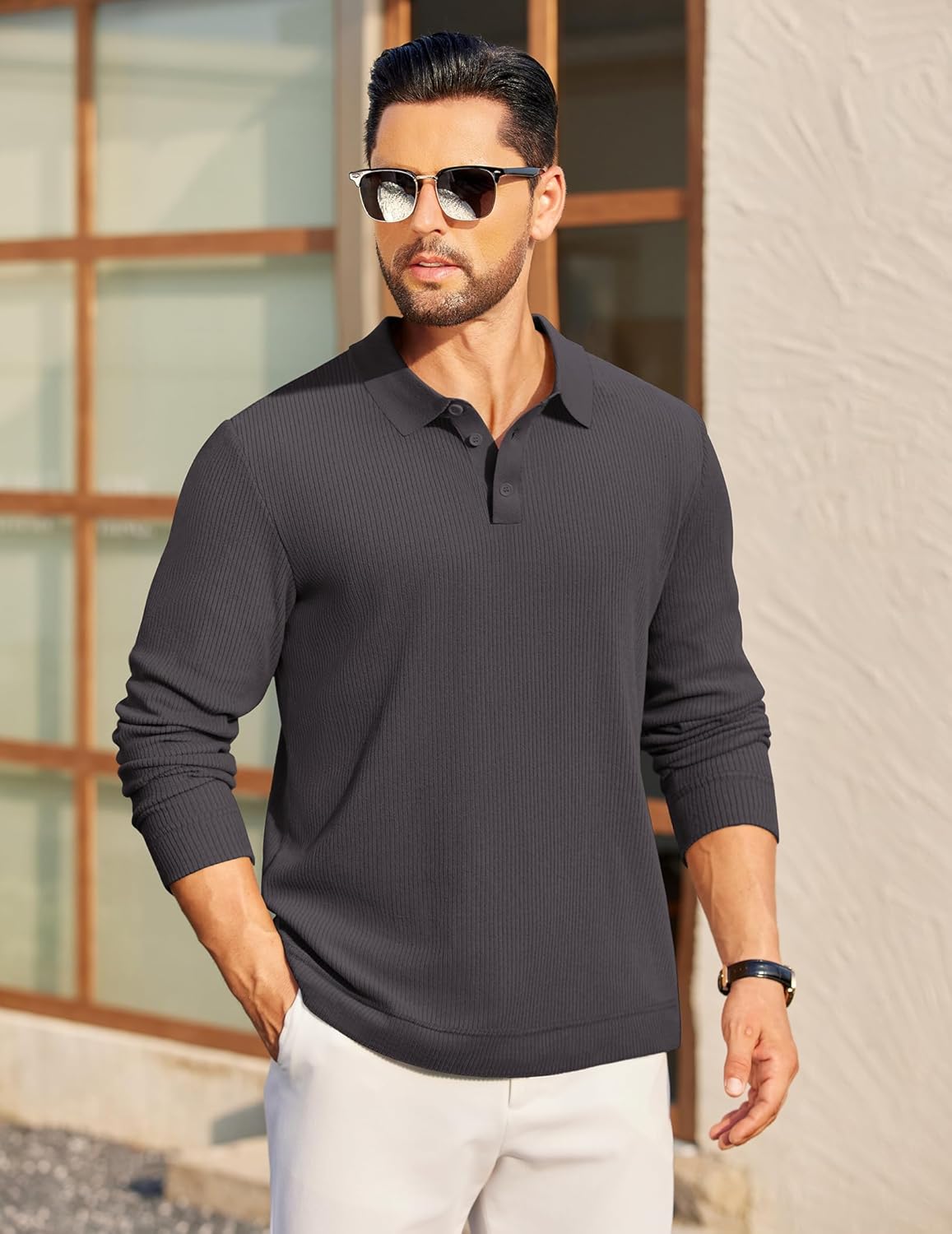 COOFANDY Mens Long Sleeve Polo Knit Polo Sweater Collared Pullover Casual Golf Polo Sweater - Image 2