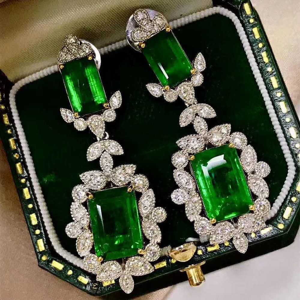 Vintage Fashion Ladies 925 Silver Natural Green Crystal Drop Earrings CZ Luxury Princess Cut Emerald Stud Earrings Wedding Engagement Party Fashion Jewelry Earrings CZC788 (Green Diamond)