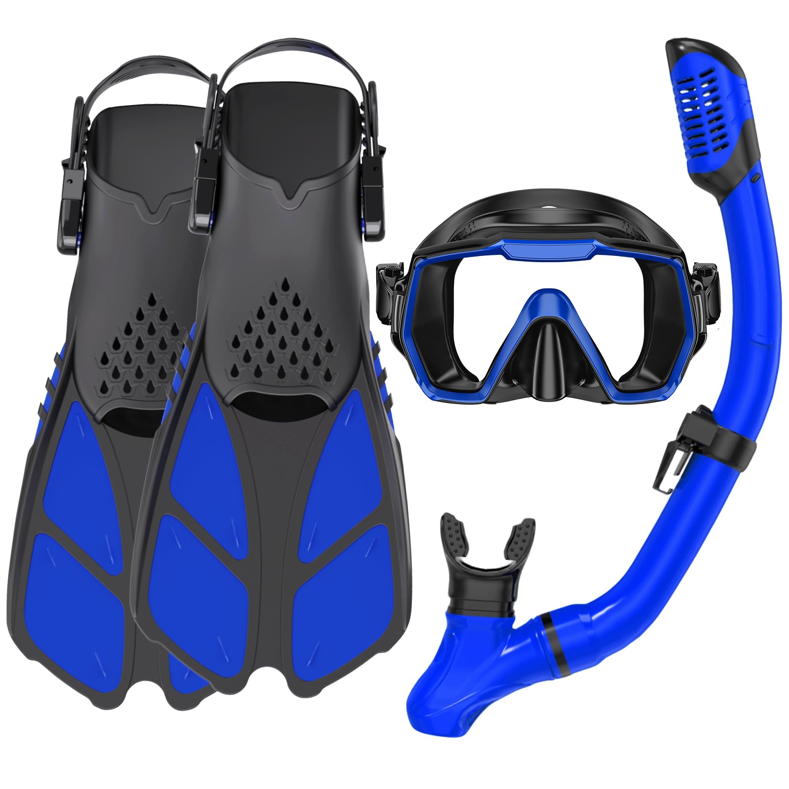Adults Mask Snorkel Fins Set, Snorkeling Gear for Adult with Fins, Snorkel Sets with Flippers, Adult Anti Leak Scuba Gear with Adjustable Fins Diving Mask Full Dry Top Snorkel with Travel Bags