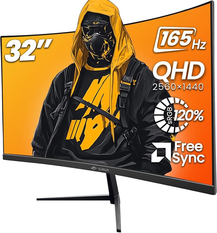 CRUA 32" 2K QHD 165Hz Curved Gaming Monitor, FreeSync, HDMI/DP, Black | VA Panel With 120%sRGB Color, Low Blue Light, 1800R Curve and 100 x 100mm Wall Mount For Gaming, Video Editing and Work