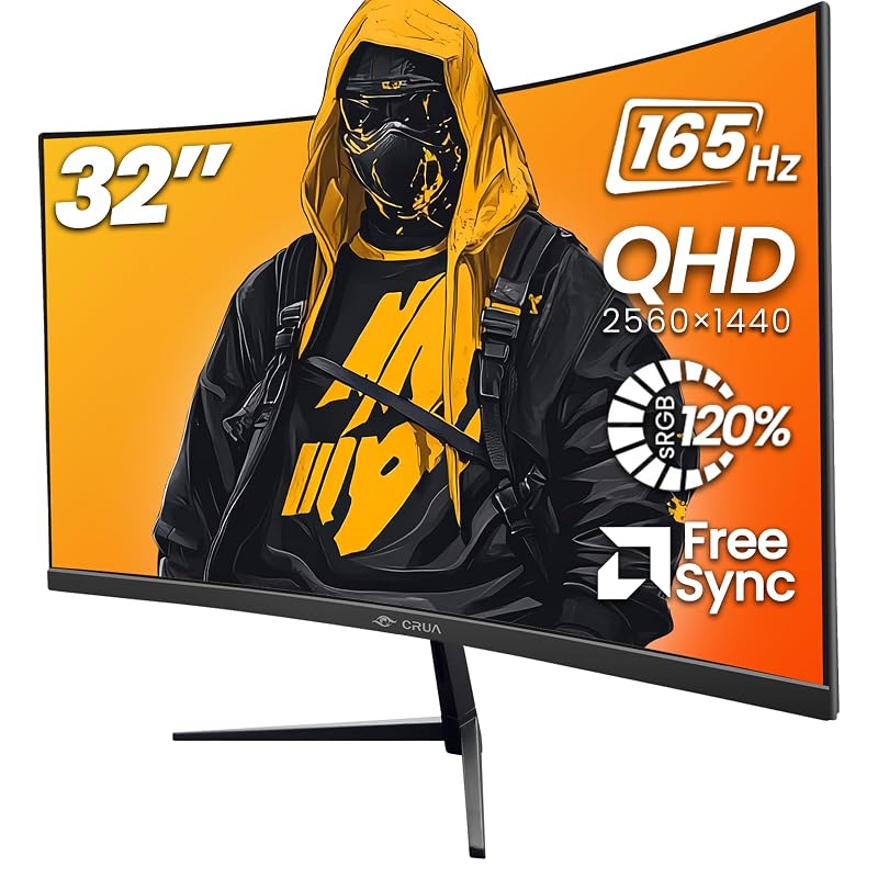 CRUA Monitor De Jogos Curvo De 32", 2K Qhd 2560X1440P, Monitores De Computador De 144 Hz/165 Hz, 99% Srgb, Freesync, Luz Azul Baixa, Tela Va 1800R, Hdmi 1.4/Dp 1.2, Montável Em Parede - Preto