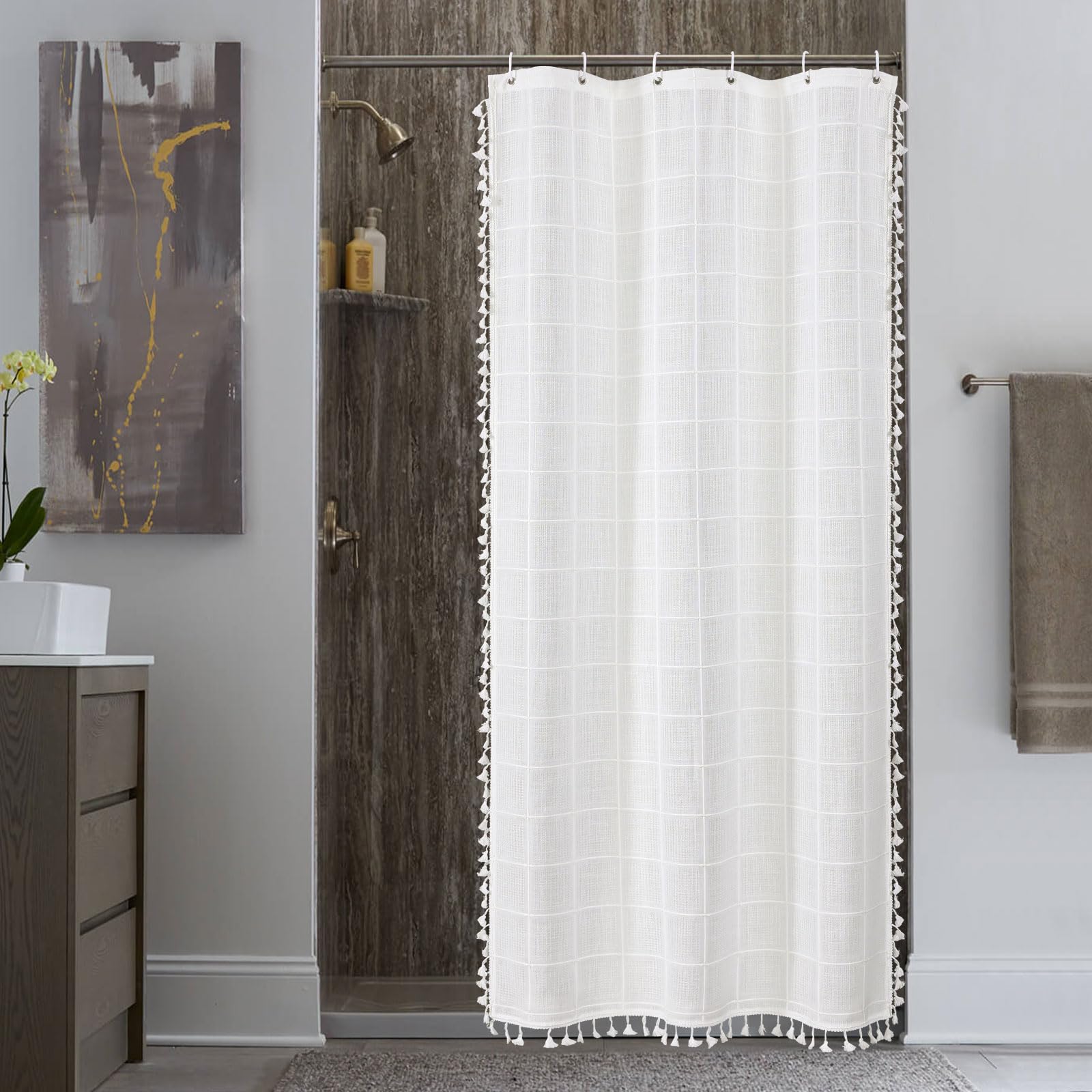 Gibelle Small Stall Shower Curtain 36x72 - Boho Farmhouse Tassel Waffle Textured White with Hooks, Global Recycled Fabri