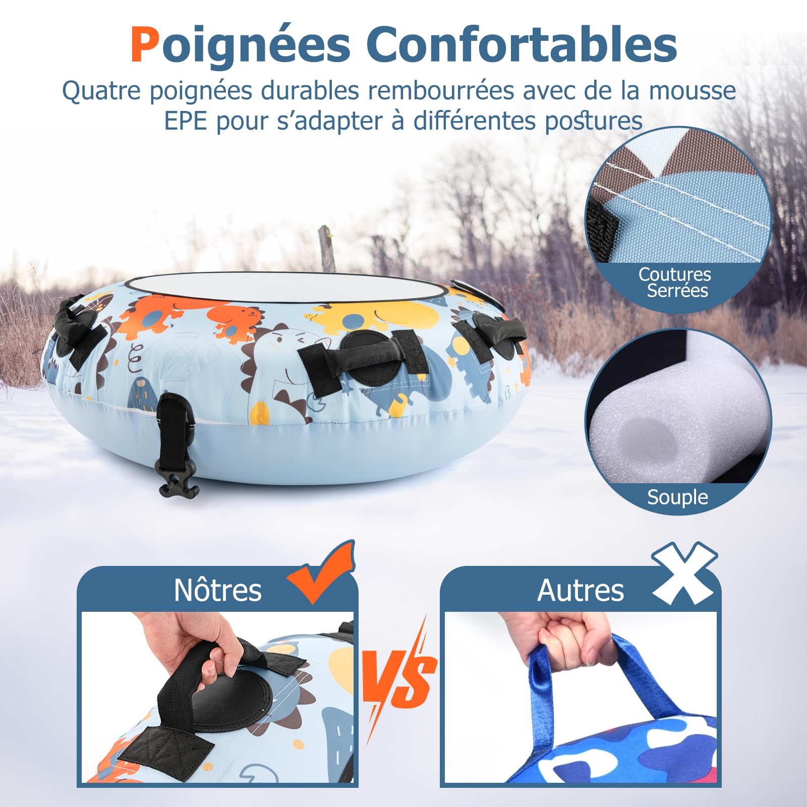 GYMAX Luge Bouée Gonflable, Tube de Neige avec Matériau Résistant en PVC | Crochet de Remorquage & Sac de Drainage & Poignée pratique, pour Enfants/Adultes