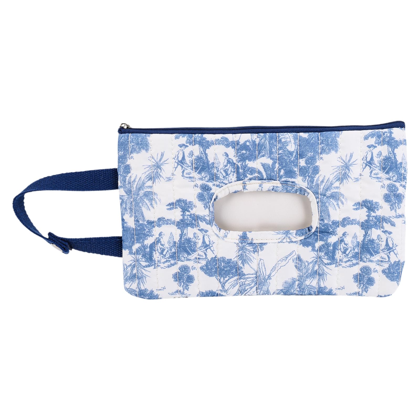 Quilted Baby Wipe Holder, Canvas Floral Quilted Pouch with Hanging Strap, Portable Diaper Wipe Holder for Travel Stroller-Grand Classical Blue - 2