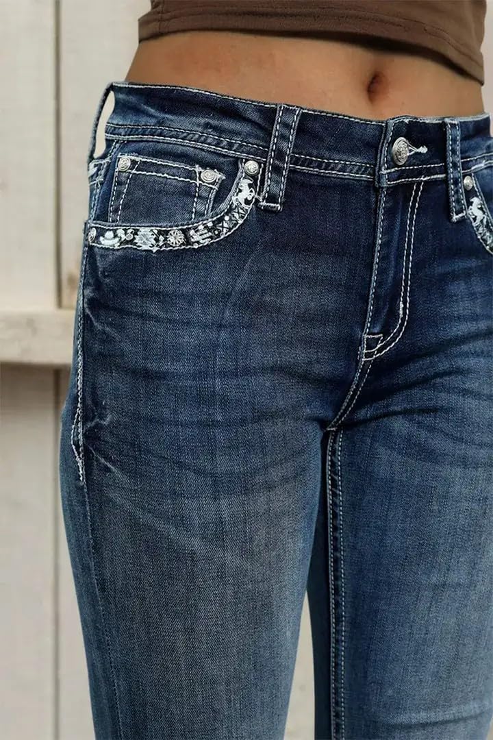 Flamingals Embroidered Bootcut Jeans for Women Mid Rise Stretchy Criss Cross Graphic Curvy Bell Bottom Jeans - Image 5