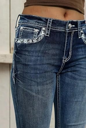 Flamingals Embroidered Bootcut Jeans for Women Mid Rise Stretchy Criss Cross Graphic Curvy Bell Bottom Jeans