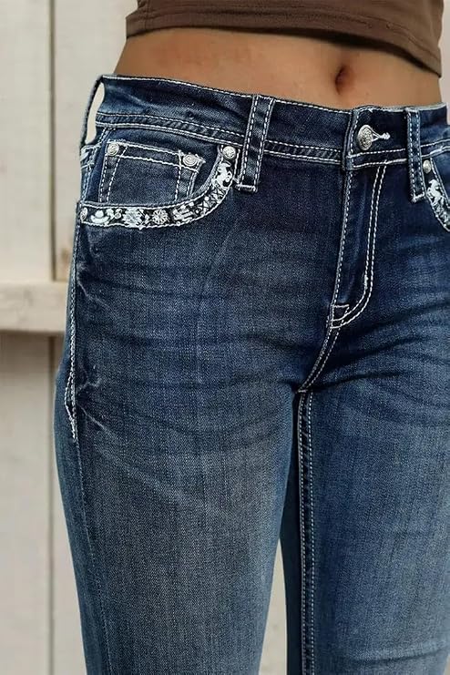 Flamingals Embroidered Bootcut Jeans for Women Mid Rise Stretchy Criss Cross Graphic Curvy Bell Bottom Jeans