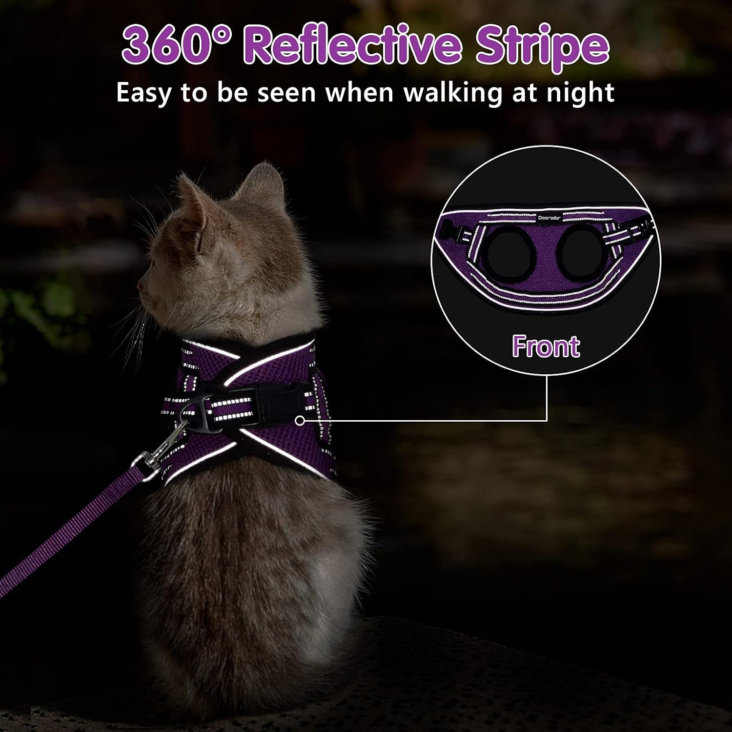 Dooradar Cat Harness and Leash, Adjustable Step-in Escape Proof Kitten Harness with Reflective Strip, Soft Breathable Air Mesh Vest for Small Medium Cats, Easy Control Cat Jacket for Walking Training