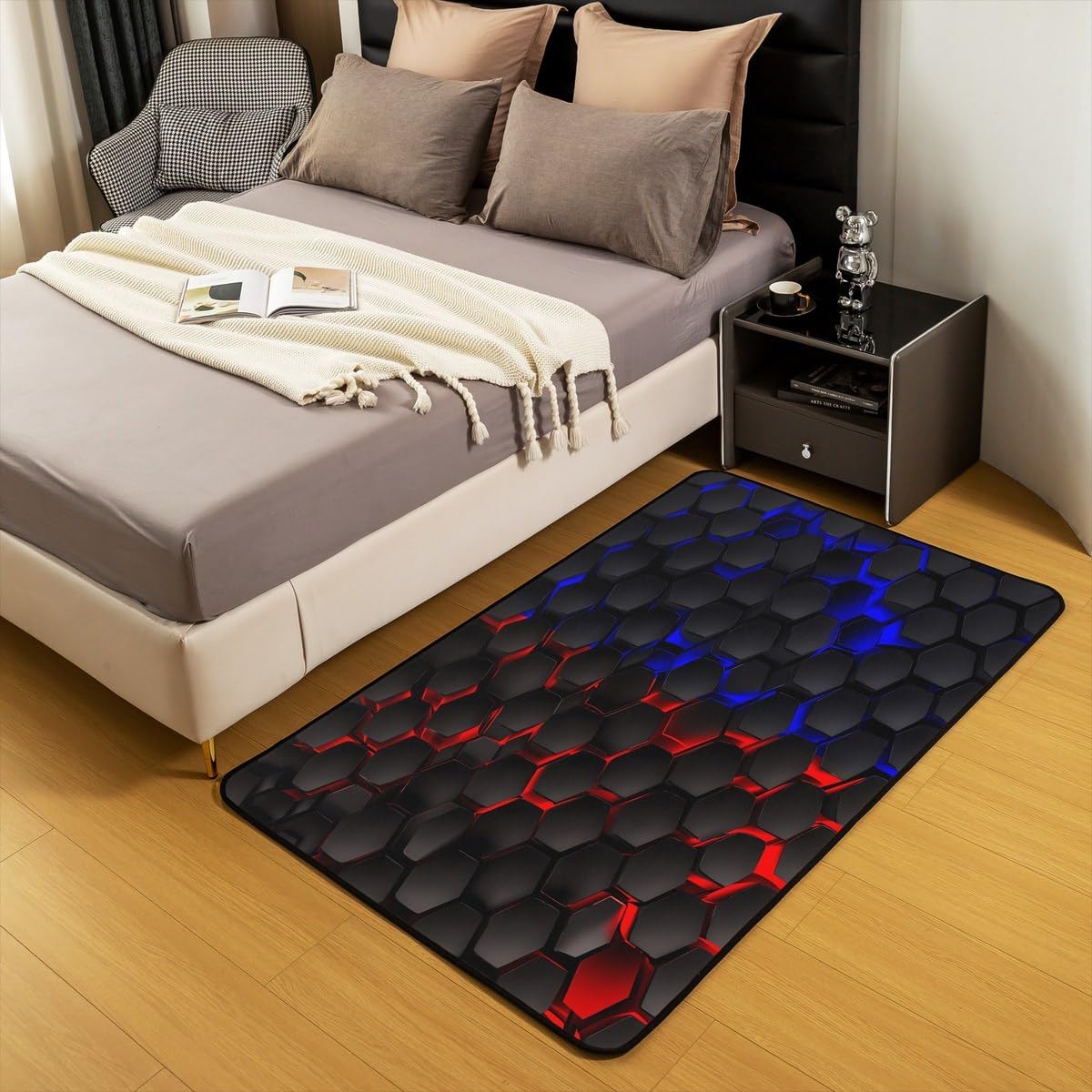 jejeloiu Honeycomb Indoor Floor Mat Boys Girls Area Rug 3x5 Hexagonal Living Room Rugs for Kids Women Men Ombre Blue Red Accent Rug Geometrical Decorative Rug