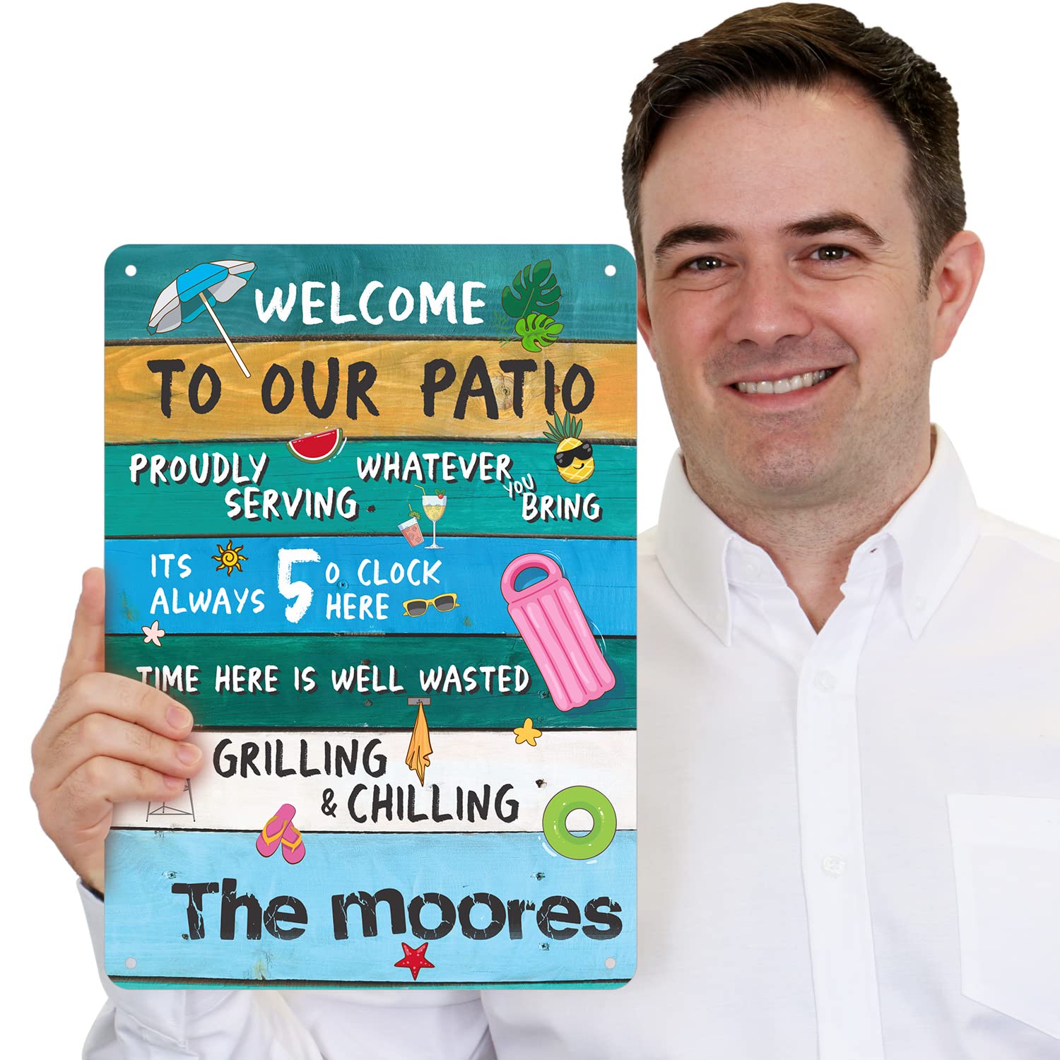 SmartSign Personalized Welcome To Our Patio Pool Sign, 14 x 10 inch - Custom Metal Sign (Add Family Name), 40 mil Rustproof Aluminum with Clear Overcoat, Outdoor Pool Décor, Made in USA