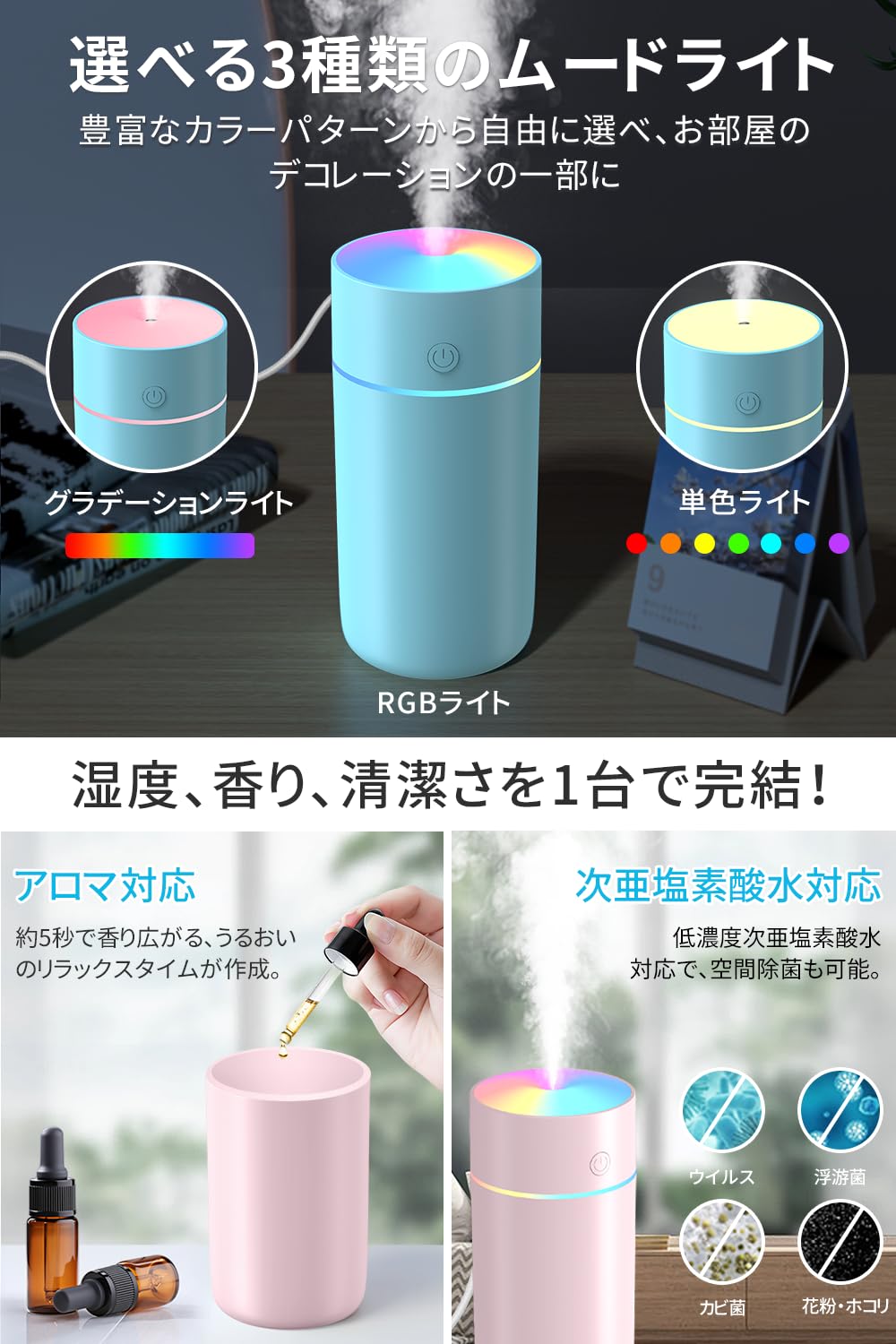 Amazon.co.jp: 加湿器 小型 卓上 【USB給電式 ＆ 2段階加湿量】 超音波