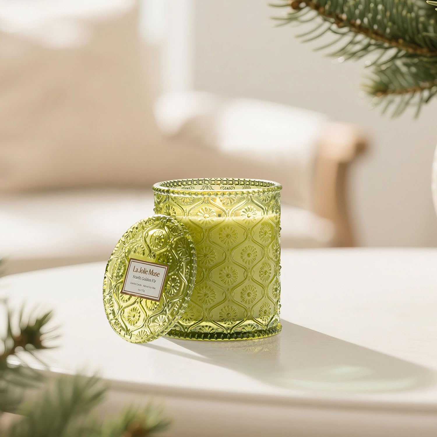 LA JOLIE MUSE Starlit Golden Fir Scented Candle | Cedarwood, Patchouli & Fir Balsam | 6 oz Soy Wax | 40 Hours Clean Burn | Fresh Scent Candles for Home | Gift-Ready for Hosts & Gatherings - Image 3