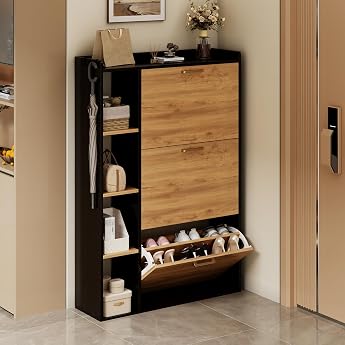 Shoe Cabinet with 3 Flaps Shoe Cabinet Slim Shoe Cabinet with 3 Flip Shoe Rack and 4 Storage Compartments Space-Saving Shoe Rack for 18-24 Pairs of Shoes for Entrance Hallway 80 x 24 x 122 cm Black Orange