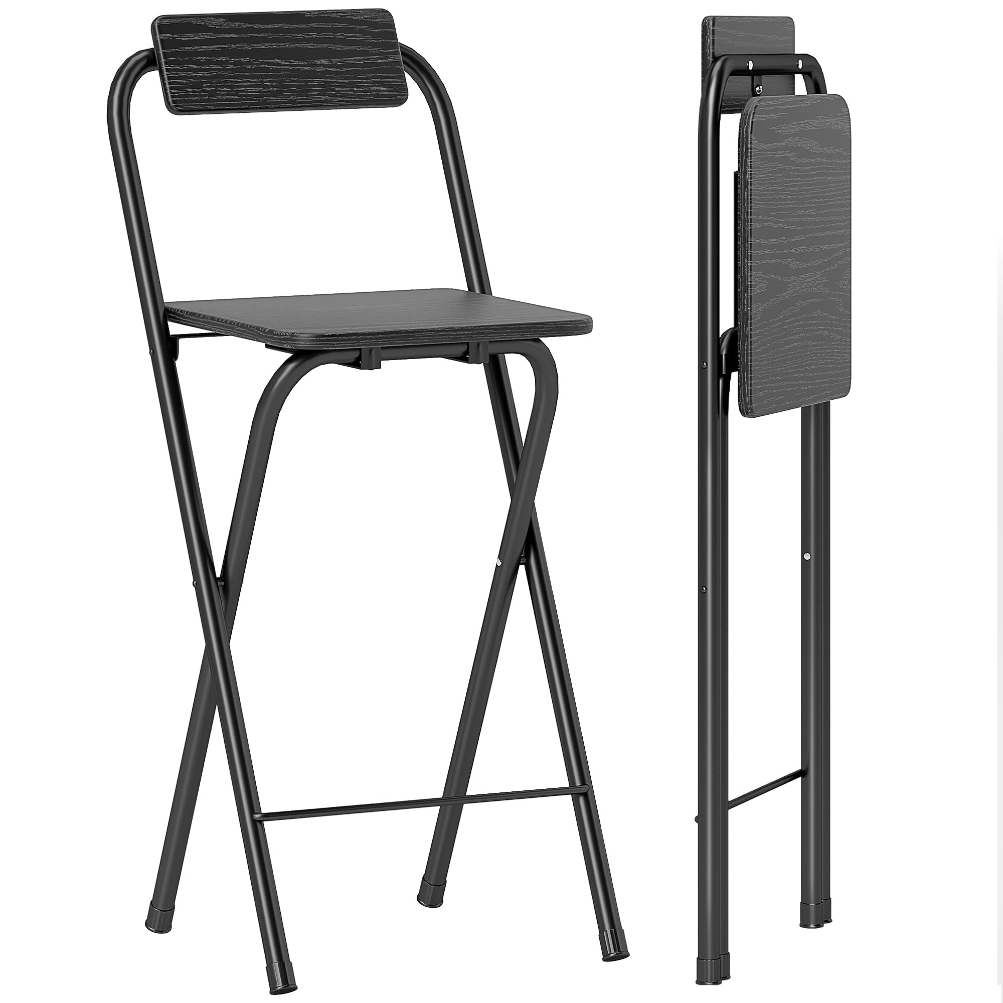 HOMCOM - Juego de 2 taburetes de bar plegables, sillas de bar, silla alta cocina con respaldo y reposapiés, marco de acero, 87 cm de alto, negro