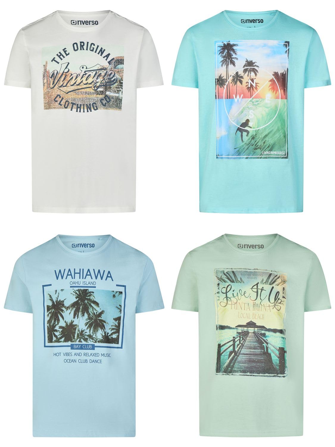 riverso Tshirt Herren Set Baumwolle Regular Fit RIVLukas 4er Pack | Rundhals Kurzarm Sommer Tee Shirt Print Blau Grün Weiß Grau Gelb Türkis S M L XL XXL 3XL 4XL 5XL