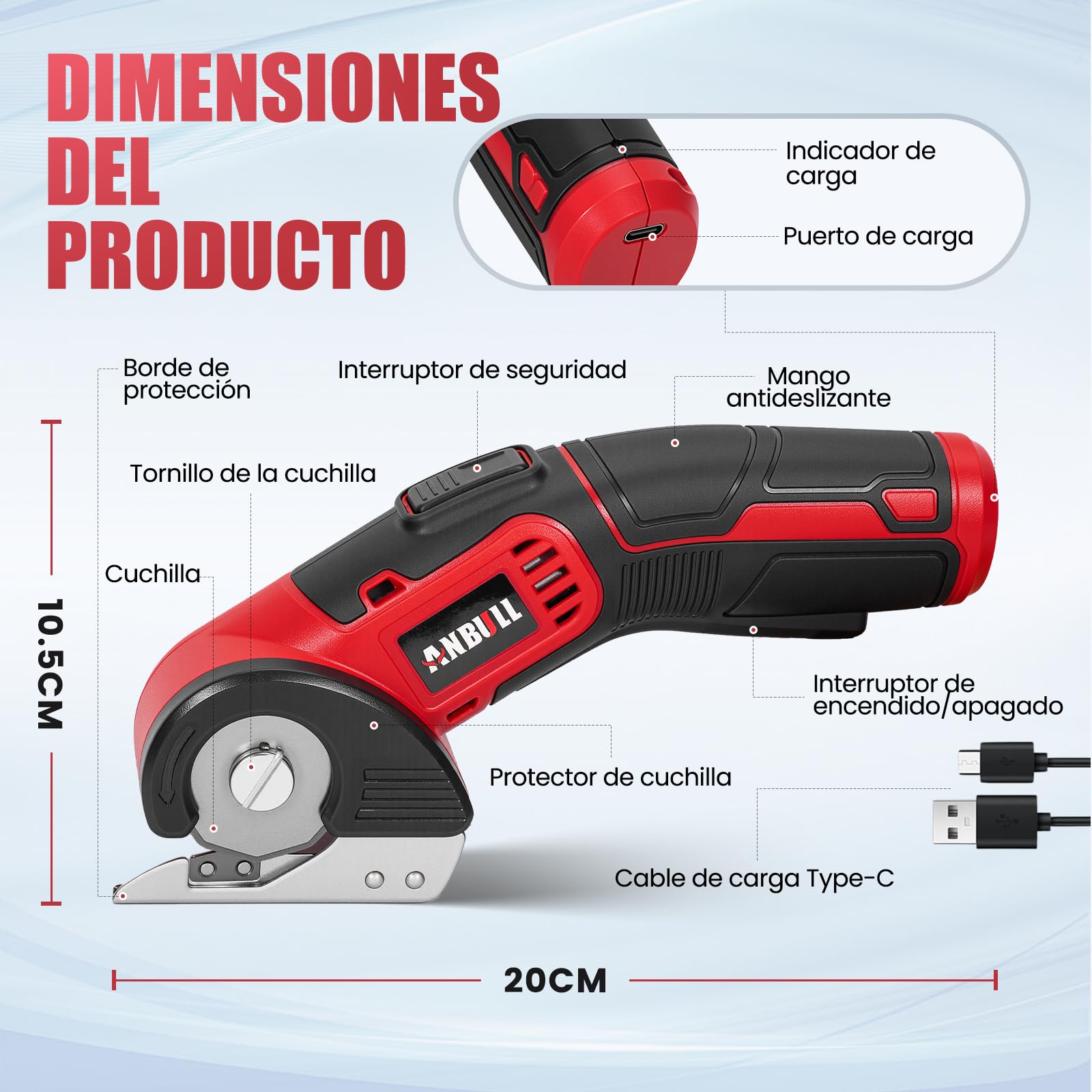 Anbull Tijeras Eléctricas Inalámbricas 4V, Tijeras Electricas Manualidades, para Tela y Costura, Cortadora Eléctrica, USB Recargable, Una Cuchilla, para Cuero, Cartón, Plástico, Ligera y Segura