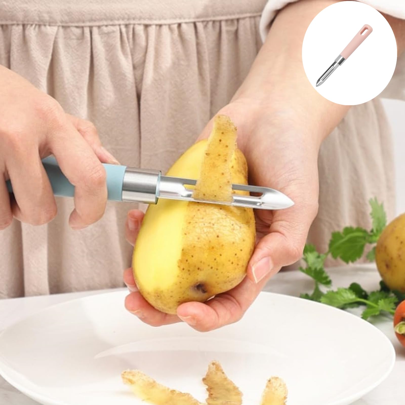 Peladores de patatas de acero inoxidable, pelador de frutas y verduras, multifunción, cepillo de melón, rallador de zanahoria para cocina, color rosa 6
