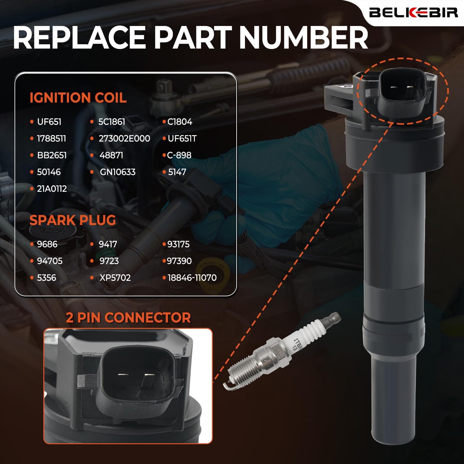 Set of 4 Ignition Coil Packs & Iridium Spark Plugs Compatible with 1.8L 2.0L L4 2012-2020 Hyundai Elantra Coupe GT, 2014-2020 Tucson, 2014-2018 Kia Forte, 2012-2019 Kia Soul Replace UF651 9686 (2-Pin)