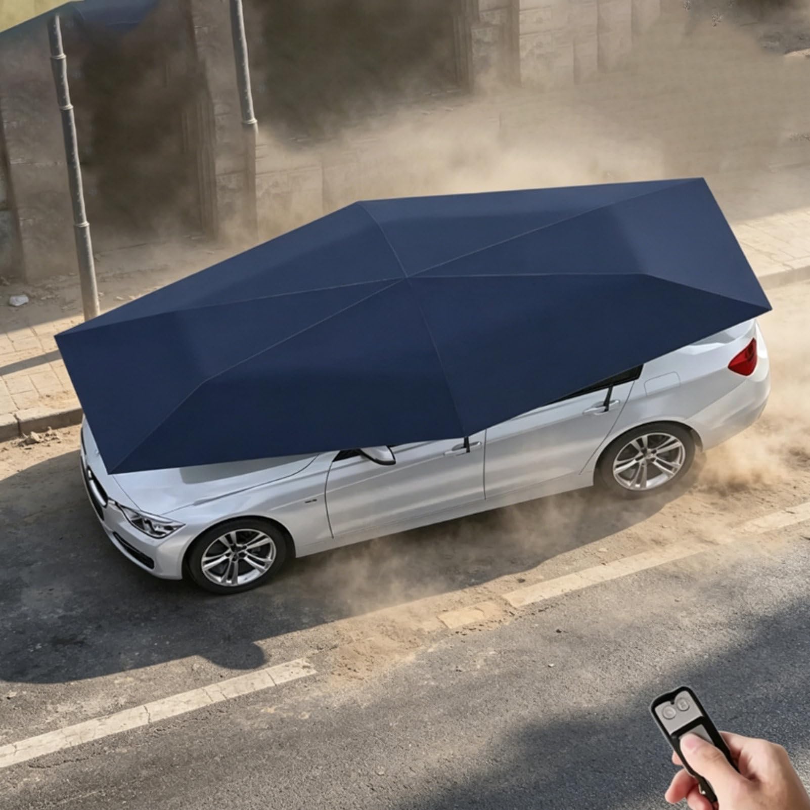 Pvxa 2-in-1 automatic carport and outdoor umbrella, Fully Automatic Car Umbrella with Remote Control, One-touch Folding Car Roof Tent, for Most Vehicles Blue-5.2M