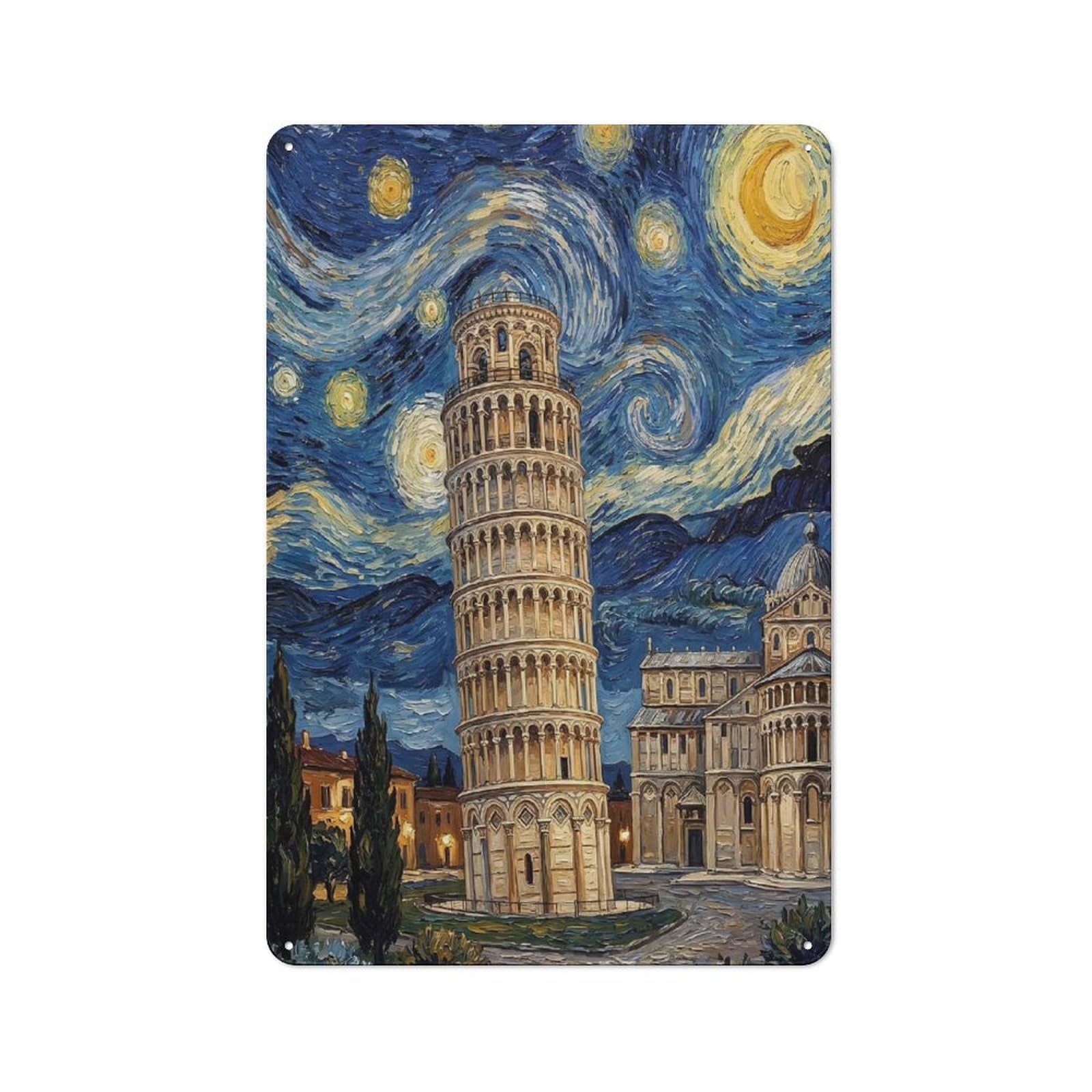 Junmoney Style-16 Old Style Leaning Tower Of Pisa In Starry Night Style Metal Sign 30X20cm, Bar Wall Plaque For Diner, Restaurant, Shed Or Kitchen