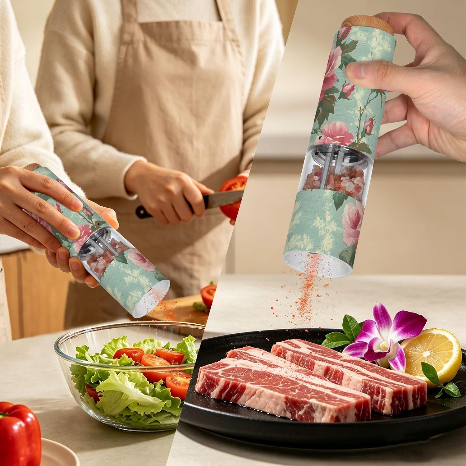ALAZA Electric Pepper Grinder with Adjustable Coarseness, Pink Rose Flower Red Pattern Battery Automatic Salt and Pepper Mill with Led, One-Handed Operation Spice Grinder for Kitchen, Camping & BBQ